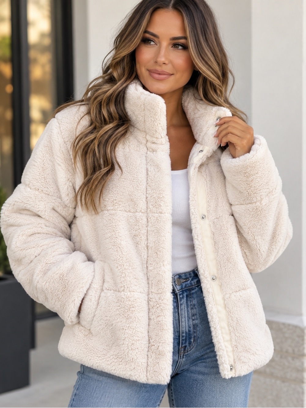 Cavalini Faux Fur Jacket Women’s Large Cream Ivory Teddy Sherpa